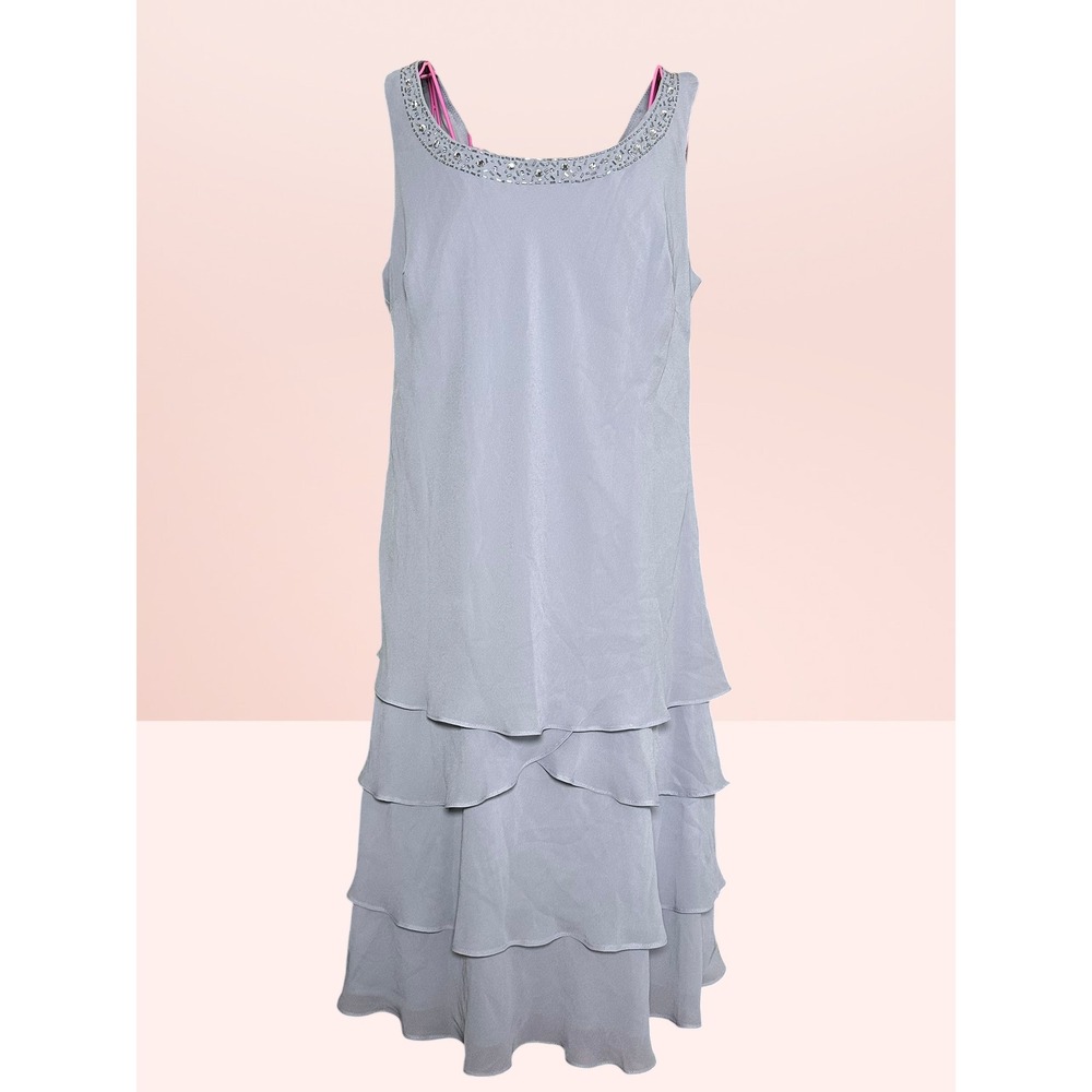 SLNY Beaded Tiered Ruffle Cocktail Dress Elegant Formal‎ Wedding Guest 12 Gray